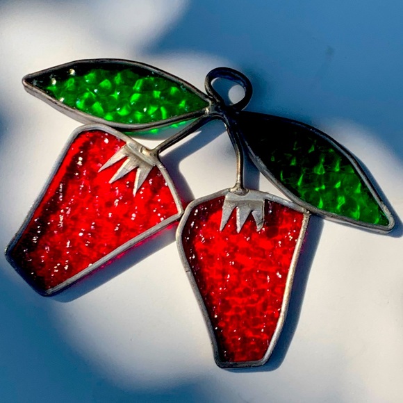 Vintage MCM Handmade Stained Glass Sun Catcher Strawberries Textured Bird - Picture 2 of 10